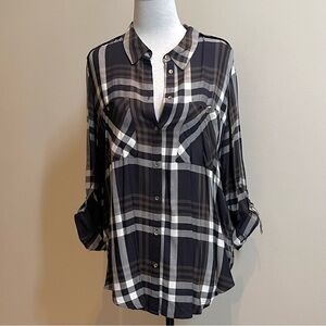 Dynamite~Plaid Shirt~Size Large~Navy, Brown, Black & White